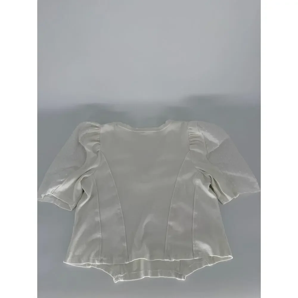 Anthropologie Womens XLP Ivory Rib Knit Puff Sleeve V Neck Swiss Dot Top Blouse